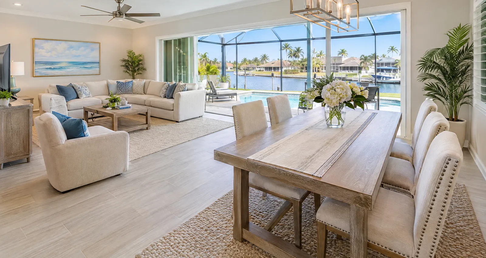A bright, spotless Florida home interior staged for sale with a lanai and canal view