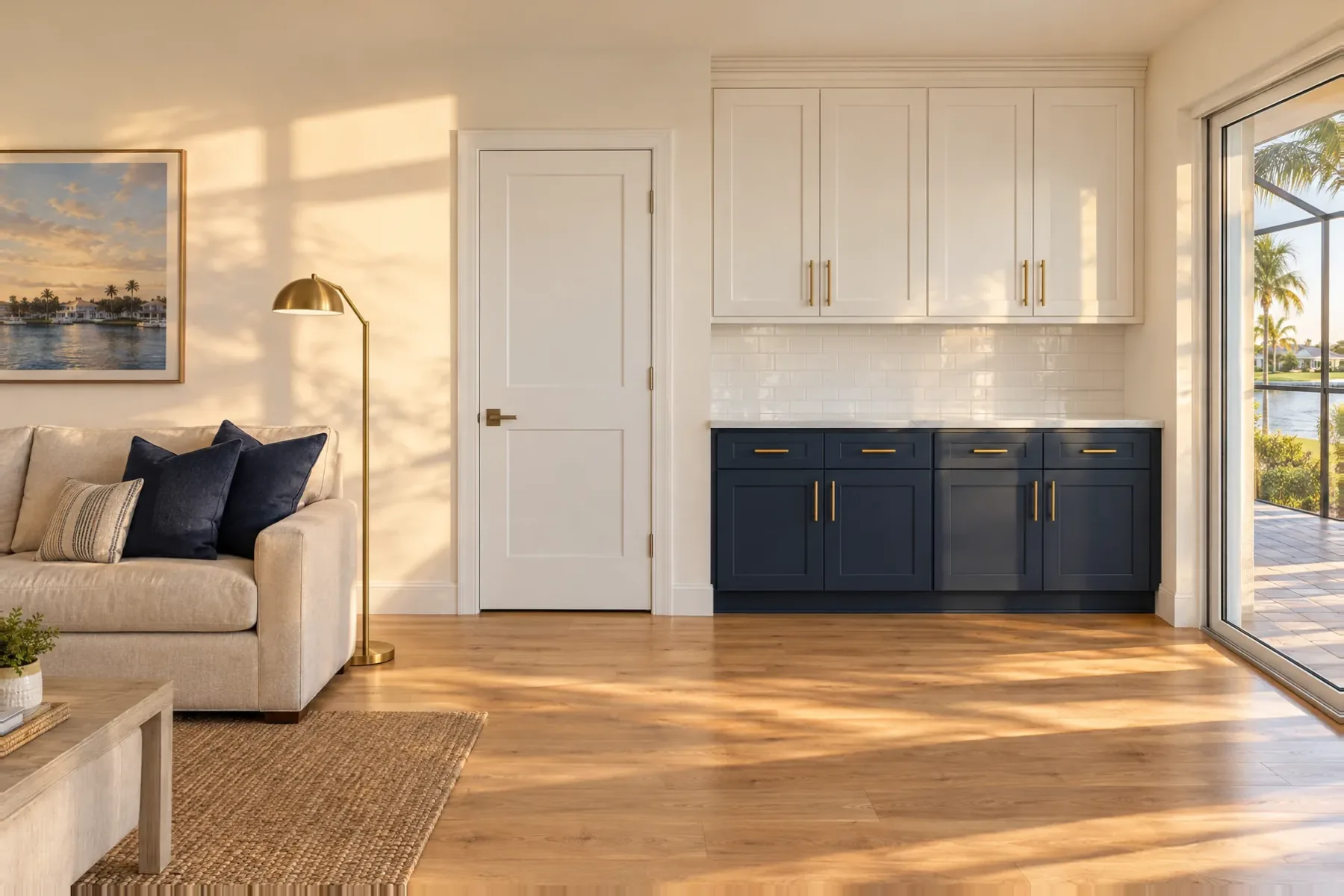 The finished room with navy and white cabinets, brass hardware and a quartz countertop in golden light