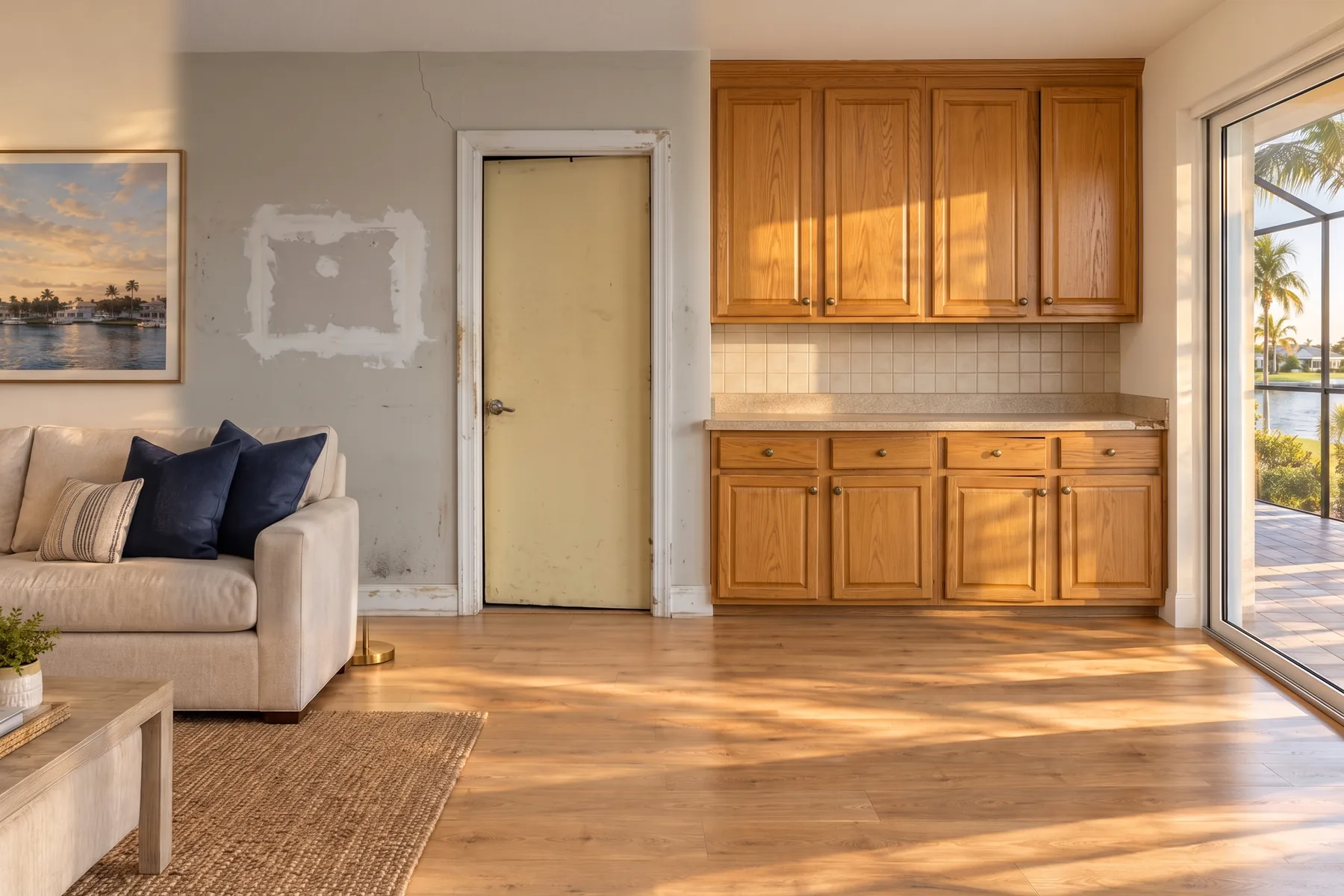 A tired room: scuffed walls, a crooked door and dated oak kitchen cabinets